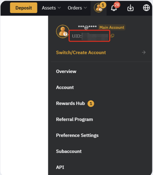 Bybit website: the profile menu at the top right, with the UID shown under the email next to the Main Account label.
